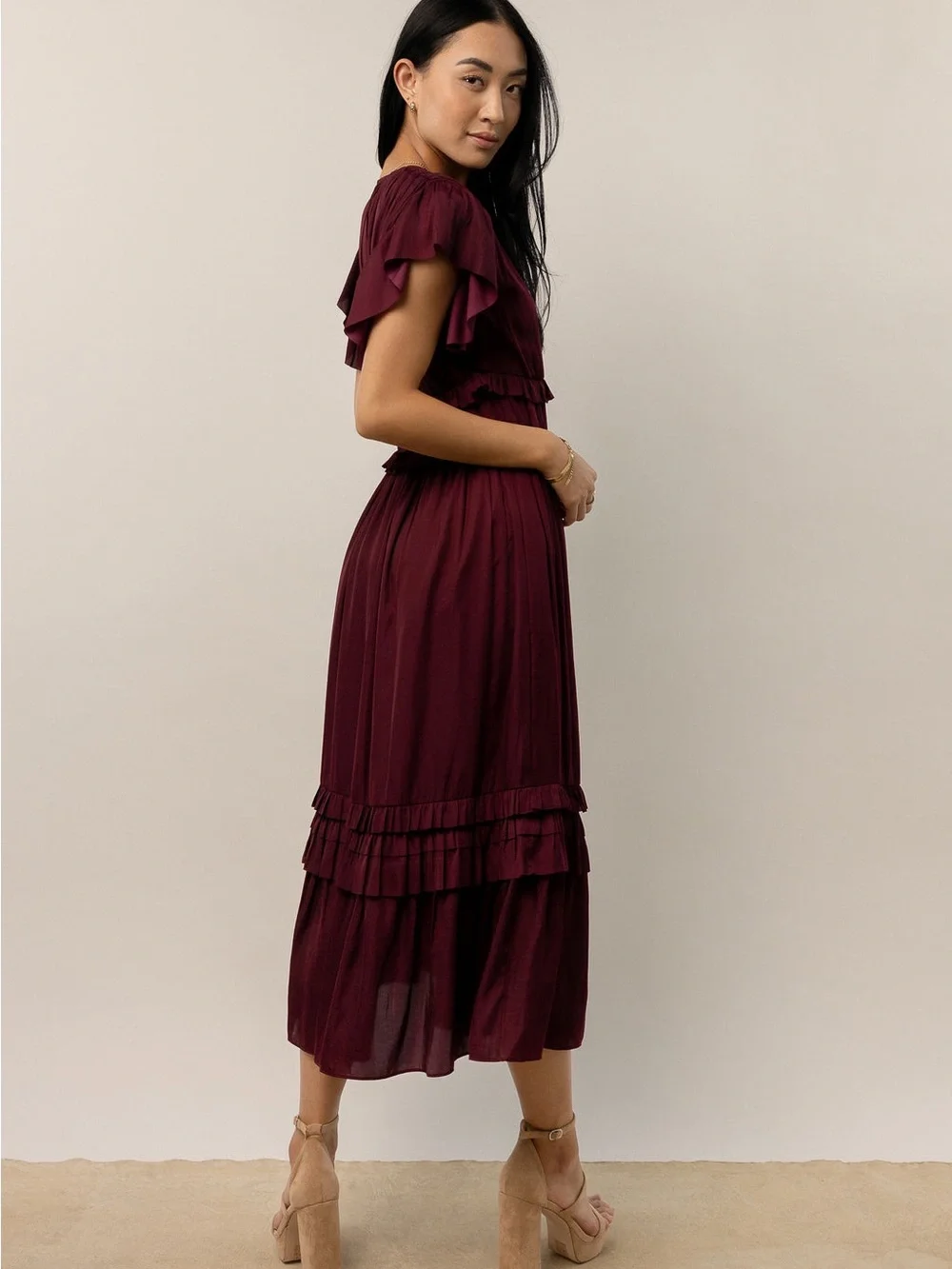 Bohme Maroon Ruffle Willa Midi Dress features a V-neckline and tiered skirt. L - Picture 2 of 12